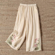 Foviel Summer Embroidery Lotus Flower Lotus Leaf Pattern Women's Wide Leg Pants With Pockets