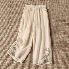 Buddha Stones Summer Embroidery Lotus Flower Lotus Leaf Pattern Women's Wide Leg Pants With Pockets - LightGoldenrodYellow - US14，UK/AU18，EU46 (4XL) - image 0