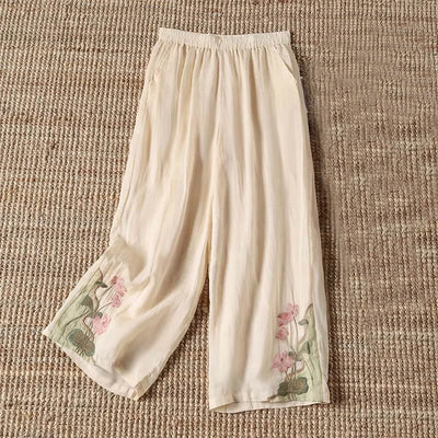 Buddha Stones Summer Embroidery Lotus Flower Lotus Leaf Pattern Women's Wide Leg Pants With Pockets - LightGoldenrodYellow - US14，UK/AU18，EU46 (4XL) - image 0