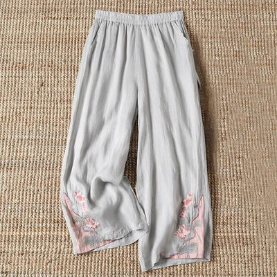 Buddha Stones Summer Embroidery Lotus Flower Lotus Leaf Pattern Women's Wide Leg Pants With Pockets - Silver - US14，UK/AU18，EU46 (4XL) - image 3