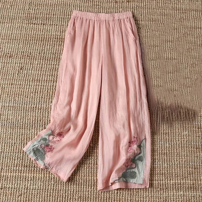 Buddha Stones Summer Embroidery Lotus Flower Lotus Leaf Pattern Women's Wide Leg Pants With Pockets - LightPink - US14，UK/AU18，EU46 (4XL) - image 2