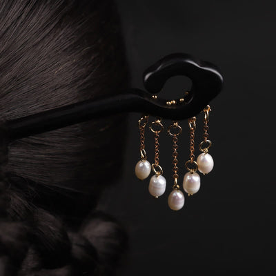 Épingle à cheveux de protection Foviel Ebony Auspicious Cloud Pearl Tassel