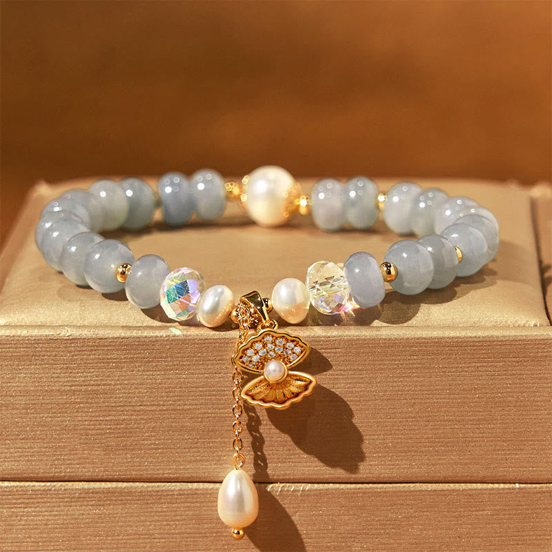 Foviel Natural Aquamarine Pearl Shell Healing Bead Bracelet