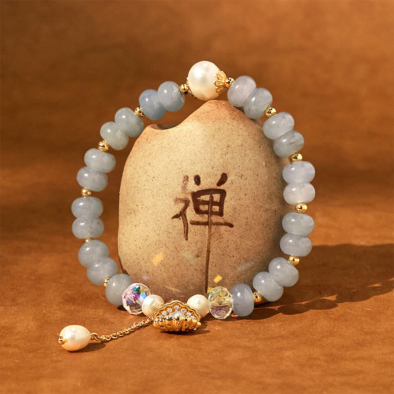 Foviel Natural Aquamarine Pearl Shell Healing Bead Bracelet