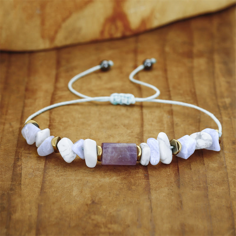 Bracelet de guérison Foviel anti-stress en améthyste, agate dentelle bleue et howlite