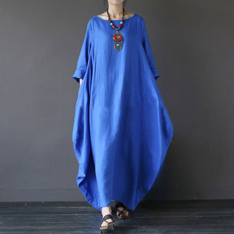 Buddha Stones Solid Color Three Quarter Sleeve Cotton Women's Maxi Dress - Blue - US16，UK/AU20，EU48 (5XL) - image 10