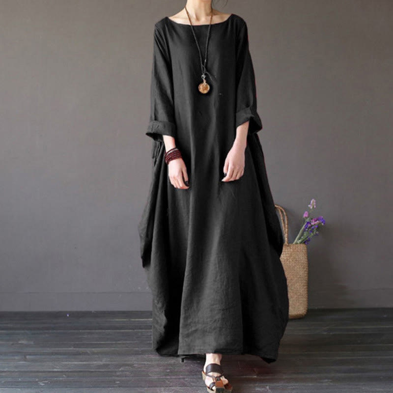 Buddha Stones Solid Color Three Quarter Sleeve Cotton Women's Maxi Dress - Black - US16，UK/AU20，EU48 (5XL) - image 12