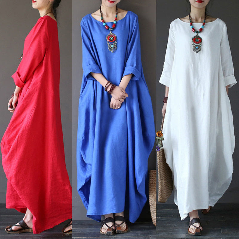 Buddha Stones Solid Color Three Quarter Sleeve Cotton Women's Maxi Dress - image 8