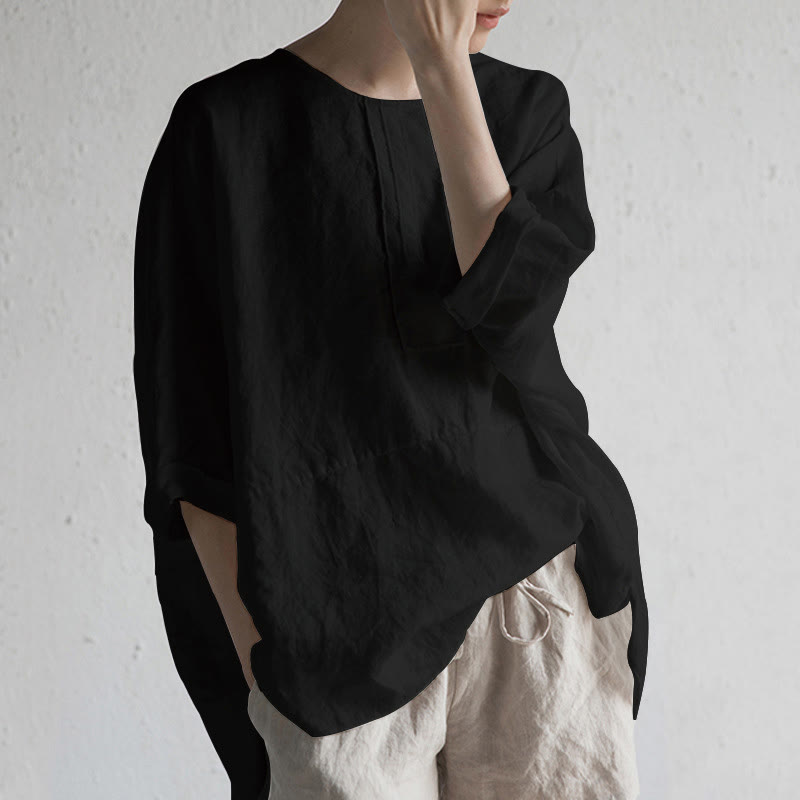Buddha Stones Summer Casual Plain Half Sleeve Crew Neck Side Slit Women's T-Shirt - Black - US20，UK/AU24，EU52 (5XL) - image 3