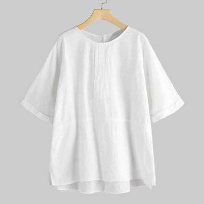 Buddha Stones Summer Casual Plain Half Sleeve Crew Neck Side Slit Women's T-Shirt - FloralWhite - US20，UK/AU24，EU52 (5XL) - image 0