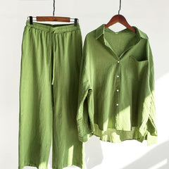 Buddha Stones 2Pcs Long Sleeve Shirt Top With Pockets Drawstring Pants Meditation Cotton Clothing Women's Set - LimeGreen - US20，UK/AU24，EU52 (5XL) - image 0