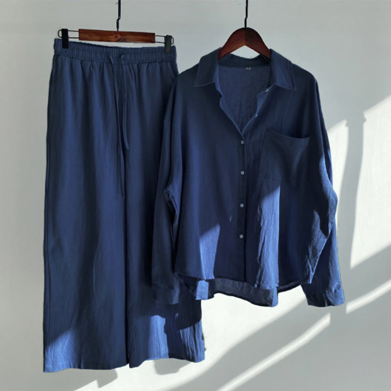 Buddha Stones 2Pcs Long Sleeve Shirt Top With Pockets Drawstring Pants Meditation Cotton Clothing Women's Set - DarkBlue - US20，UK/AU24，EU52 (5XL) - image 30