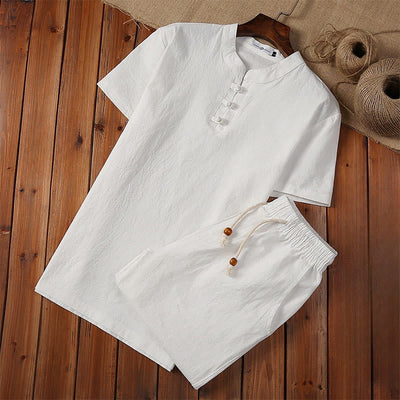 Buddha Stones 2Pcs Solid Color Frog-Button Tang Suit Cotton Linen Short Sleeve Pants Clothing Men's Set - White - US/UK/AU46，EU56 (5XL) - image 0
