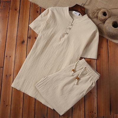 Buddha Stones 2Pcs Solid Color Frog-Button Tang Suit Cotton Linen Short Sleeve Pants Clothing Men's Set - Beige - US/UK/AU46，EU56 (5XL) - image 3