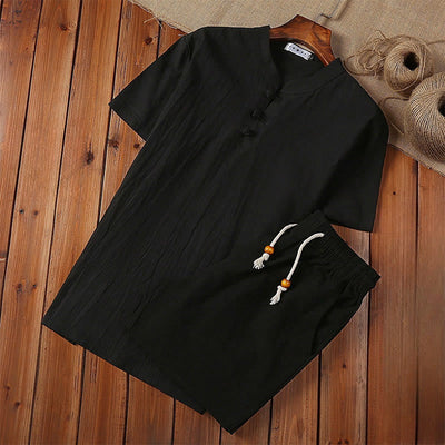 Buddha Stones 2Pcs Solid Color Frog-Button Tang Suit Cotton Linen Short Sleeve Pants Clothing Men's Set - Black - US/UK/AU46，EU56 (5XL) - image 1