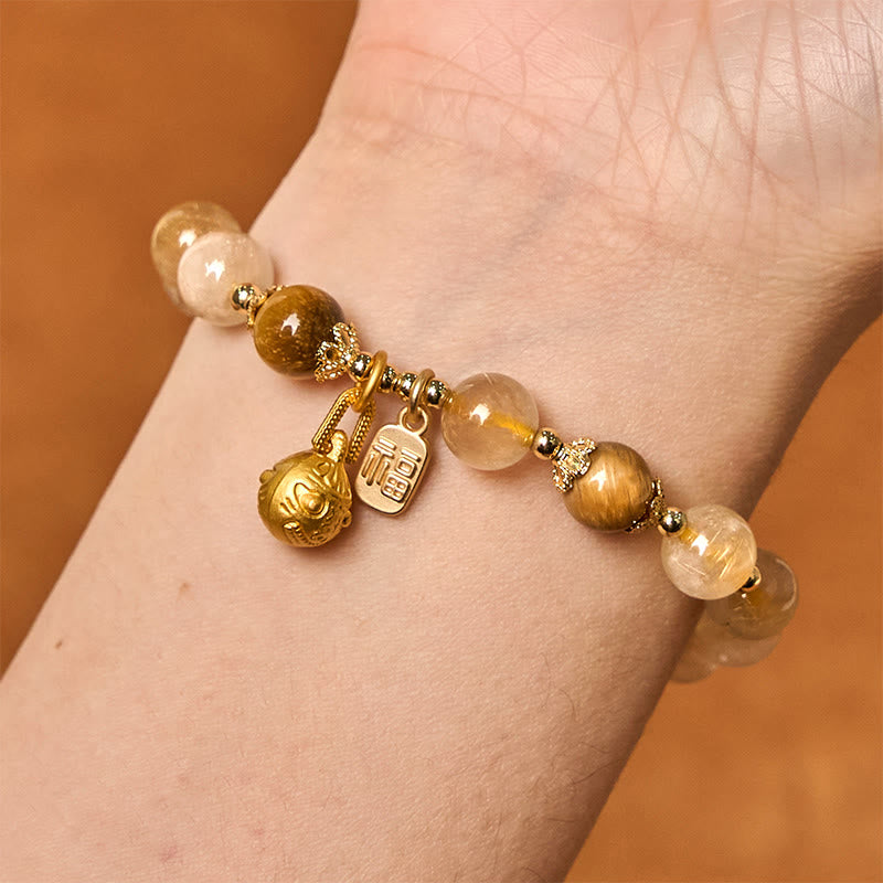 Bracelet Foviel en quartz rutile naturel avec caractère Fu et motif de bête avaleuse de métal porte-bonheur