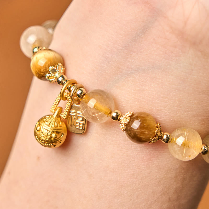 Bracelet Foviel en quartz rutile naturel avec caractère Fu et motif de bête avaleuse de métal porte-bonheur