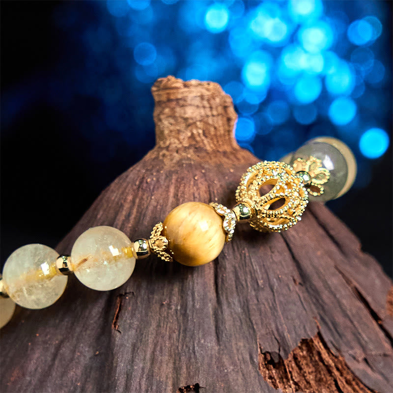 Bracelet Foviel en quartz rutile naturel avec caractère Fu et motif de bête avaleuse de métal porte-bonheur