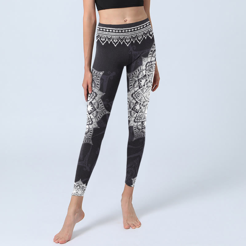 Buddha Stones Black Mandala Flowers Print Exercise Leggings Women's Yoga Pants - image 5