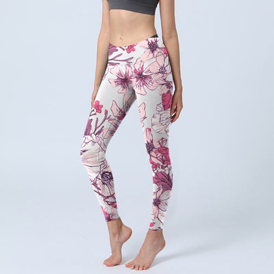 Buddha Stones Pink Rose Red Flowers Print Exercise Leggings Women's Yoga Pants - Beige - US18，UK/AU22，EU50 (4XL) - image 1