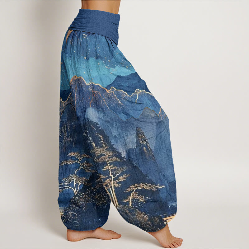 Buddha Stones Casual Full Moon Mountains Trees River Pattern Women's Elastic Waist Harem Pants - image 2
