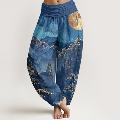Buddha Stones Casual Full Moon Mountains Trees River Pattern Women's Elastic Waist Harem Pants - SteelBlue - US22，UK/AU26，EU54 (6XL) - image 1