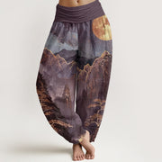 Foviel Cotton Casual Full Moon Mountains Trees River Pattern Women's Elastic Waist Harem Pants