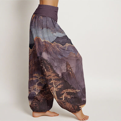 Buddha Stones Casual Full Moon Mountains Trees River Pattern Women's Elastic Waist Harem Pants - image 6