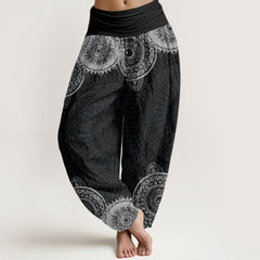 Buddha Stones Circular Mandala Design Women's Elastic Waist Harem Pants - Black - US22，UK/AU26，EU54 (6XL) - image 1