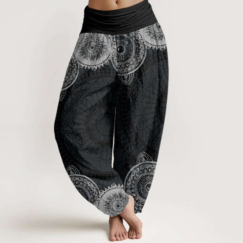 Buddha Stones Circular Mandala Design Women's Elastic Waist Harem Pants - Black - US22，UK/AU26，EU54 (6XL) - image 1