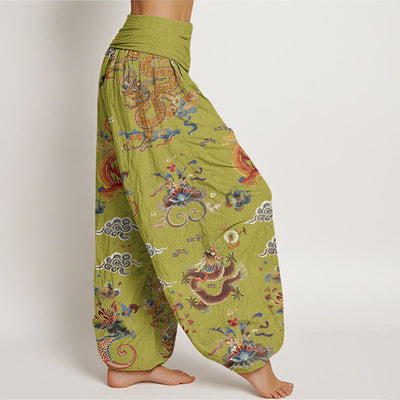 Buddha Stones Cotton Golden Dragons Auspicious Clouds Design Women's Elastic Waist Harem Pants - image 9
