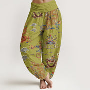 Foviel Cotton Golden Dragons Auspicious Clouds Design Women's Elastic Waist Harem Pants