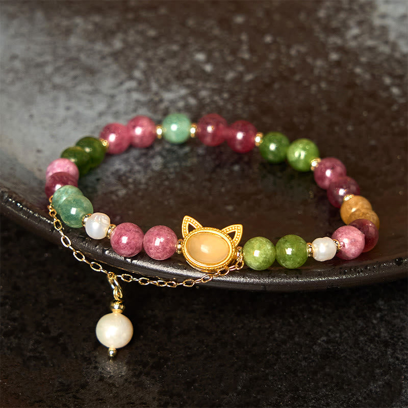 Bracelet porte-bonheur Foviel chat chanceux en tourmaline colorée
