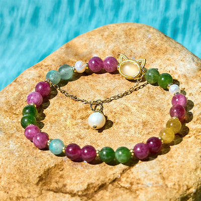 Bracelet porte-bonheur Foviel chat chanceux en tourmaline colorée