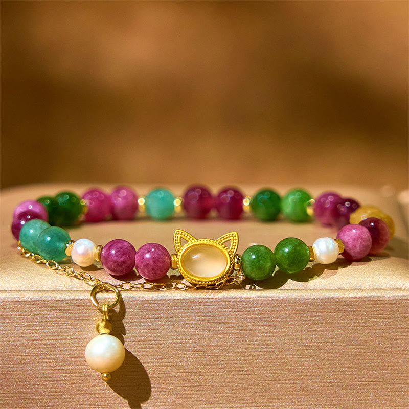 Bracelet porte-bonheur Foviel chat chanceux en tourmaline colorée