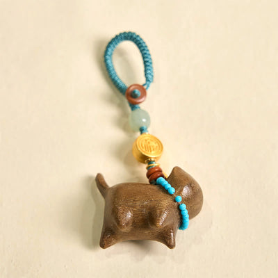 Foviel Hetian Jade Natural Sandalwood Red Sandalwood Green Sandalwood Fu Character Abundance Key Chain