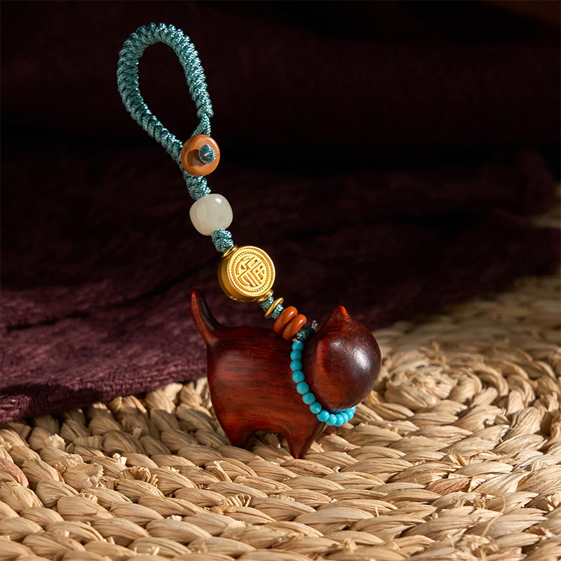 Foviel Hetian Jade Natural Sandalwood Red Sandalwood Green Sandalwood Fu Character Abundance Key Chain