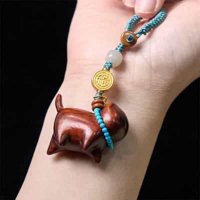 Foviel Hetian Jade Natural Sandalwood Red Sandalwood Green Sandalwood Fu Character Abundance Key Chain
