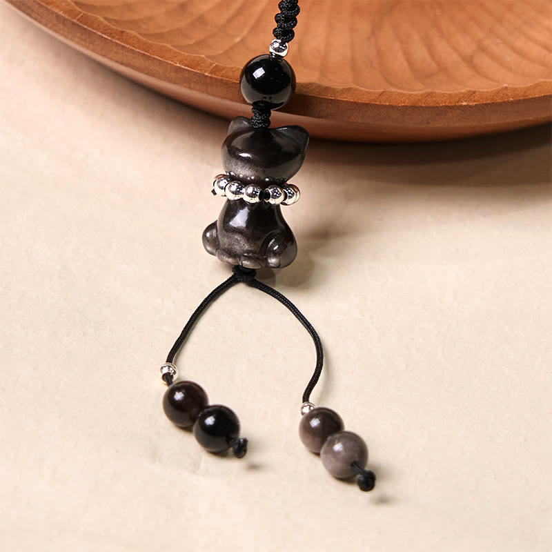Foviel Natural Silver Sheen Obsidian Noble Kitten Cat Soothing Phone Hanging Decoration