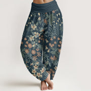 Foviel Baumwolle Casual Daisy Blumen Blätter Design Damen elastische Taille Harem Hose