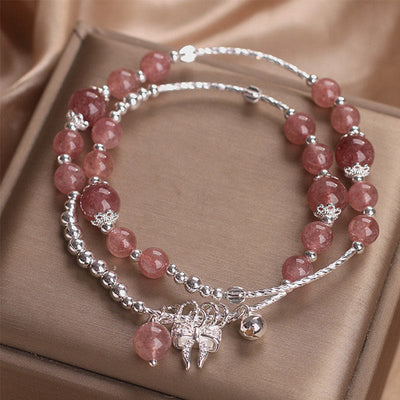 Bracelet double tour à breloque rosette et nœud en quartz fraise naturel Foviel