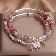 Bracelet double tour à breloque rosette et nœud en quartz fraise naturel Foviel