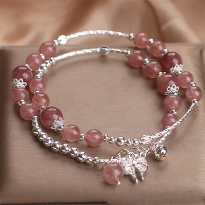 Bracelet double tour à breloque rosette et nœud en quartz fraise naturel Foviel