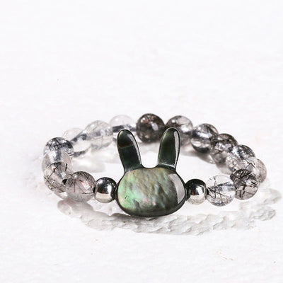Bague chat lapin en quartz rutile noir 3 mm et pierre tridacna Foviel