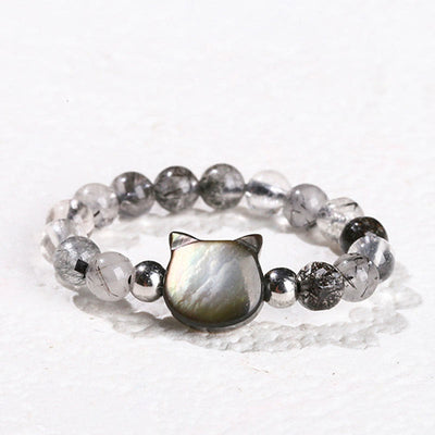 Bague chat lapin en quartz rutile noir 3 mm et pierre tridacna Foviel