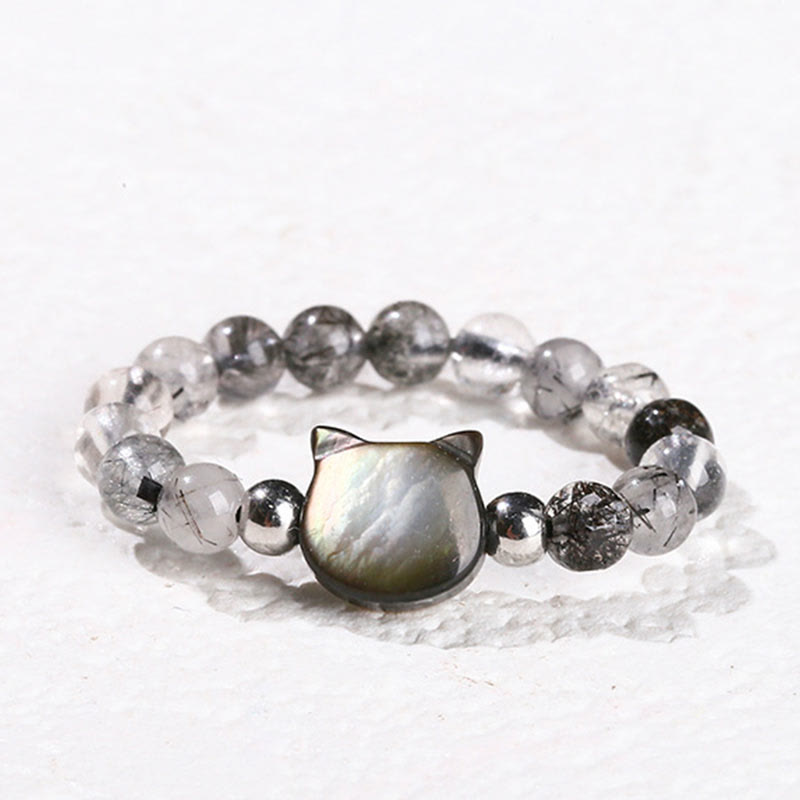 Bague chat lapin en quartz rutile noir 3 mm et pierre tridacna Foviel