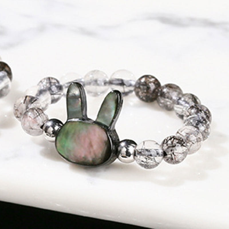 Bague chat lapin en quartz rutile noir 3 mm et pierre tridacna Foviel