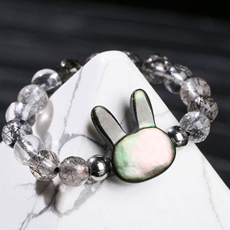 Bague chat lapin en quartz rutile noir 3 mm et pierre tridacna Foviel