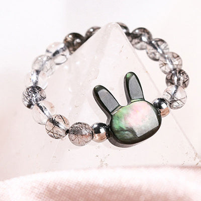 Bague chat lapin en quartz rutile noir 3 mm et pierre tridacna Foviel