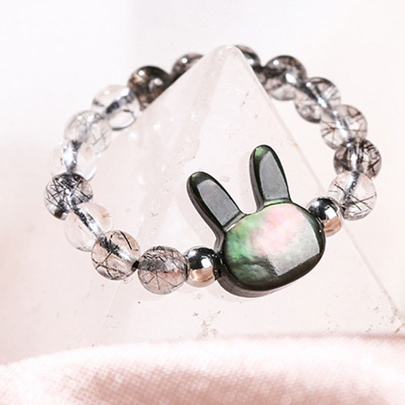 Bague chat lapin en quartz rutile noir 3 mm et pierre tridacna Foviel